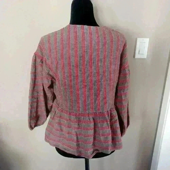 Madewell Womens Gray and Red Striped Bubble-Sleeve Peplum Top M - Picture 7 of 16